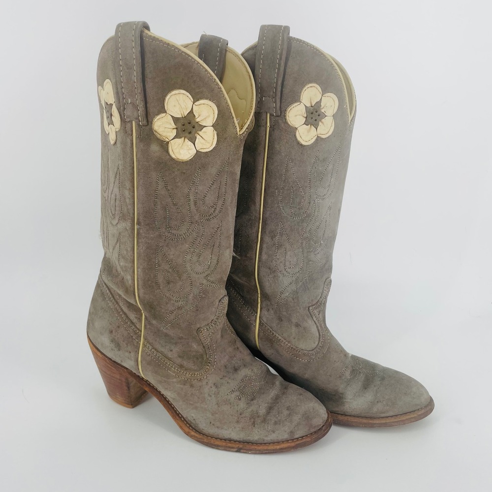 ACME Vintage Western Cowboy Boots Suede Daisy Flower Gray size 7.5 Leather